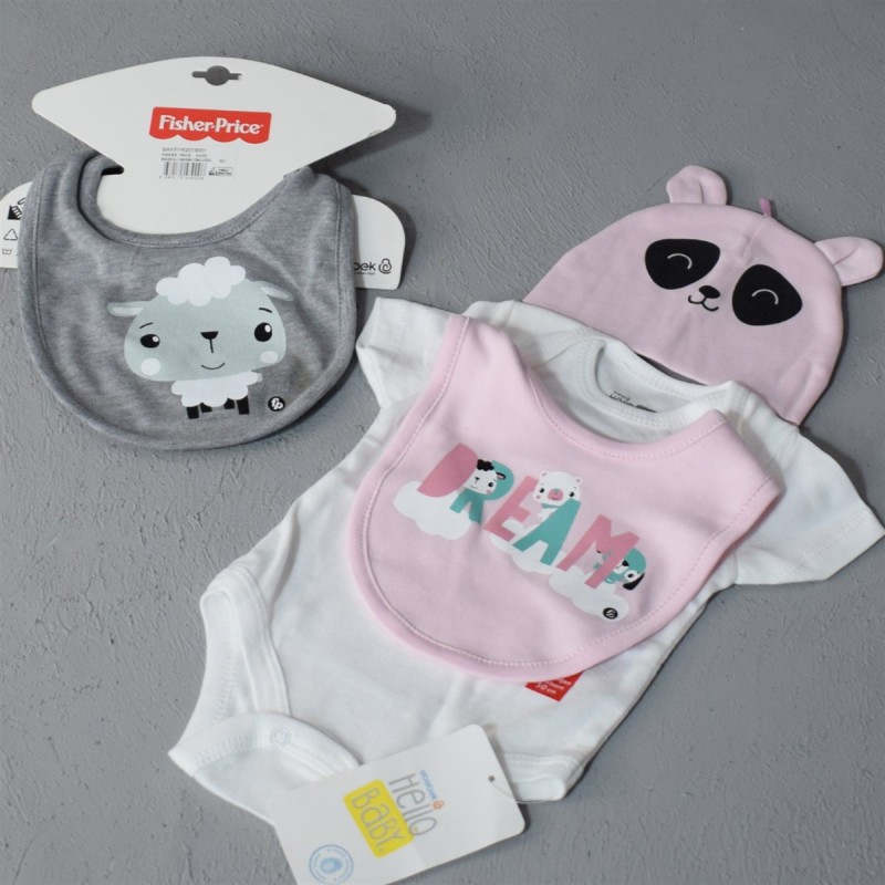 4 Parça Yenidoğan Kız Bebek Body Şapka Önlük Set
